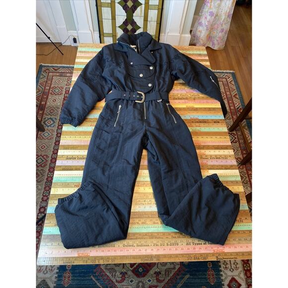 NILS Resort Skiwear One Piece Ski Suit Belted Women's Western Black Vintage S/M - Picture 1 of 16
